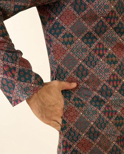 Diwas Men Dark Green Blended Cotton Printed Fancy Kurta
