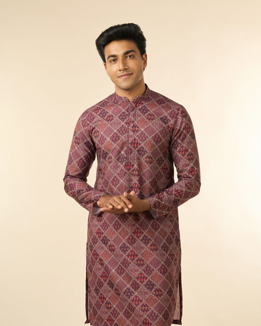 Diwas Men Wine Blended Cotton Printed Fancy Kurta