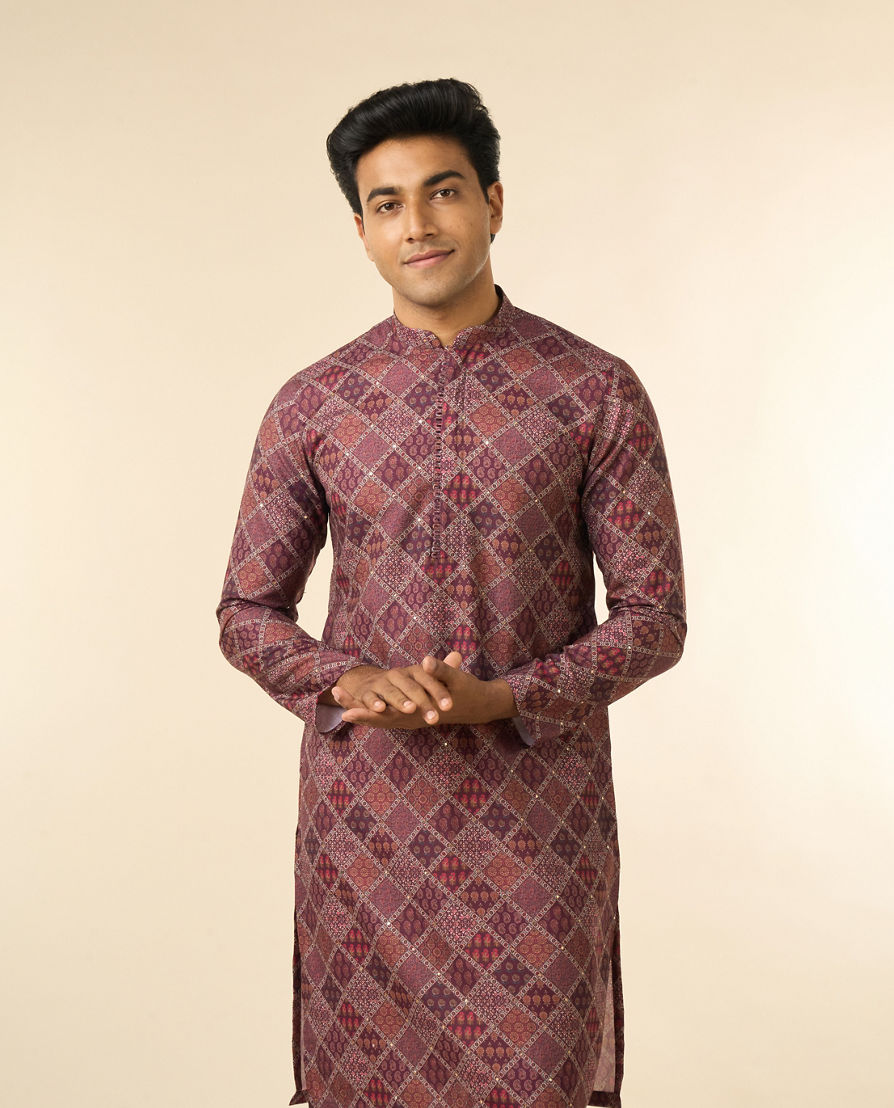 Diwas Men Wine Blended Cotton Printed Fancy Kurta