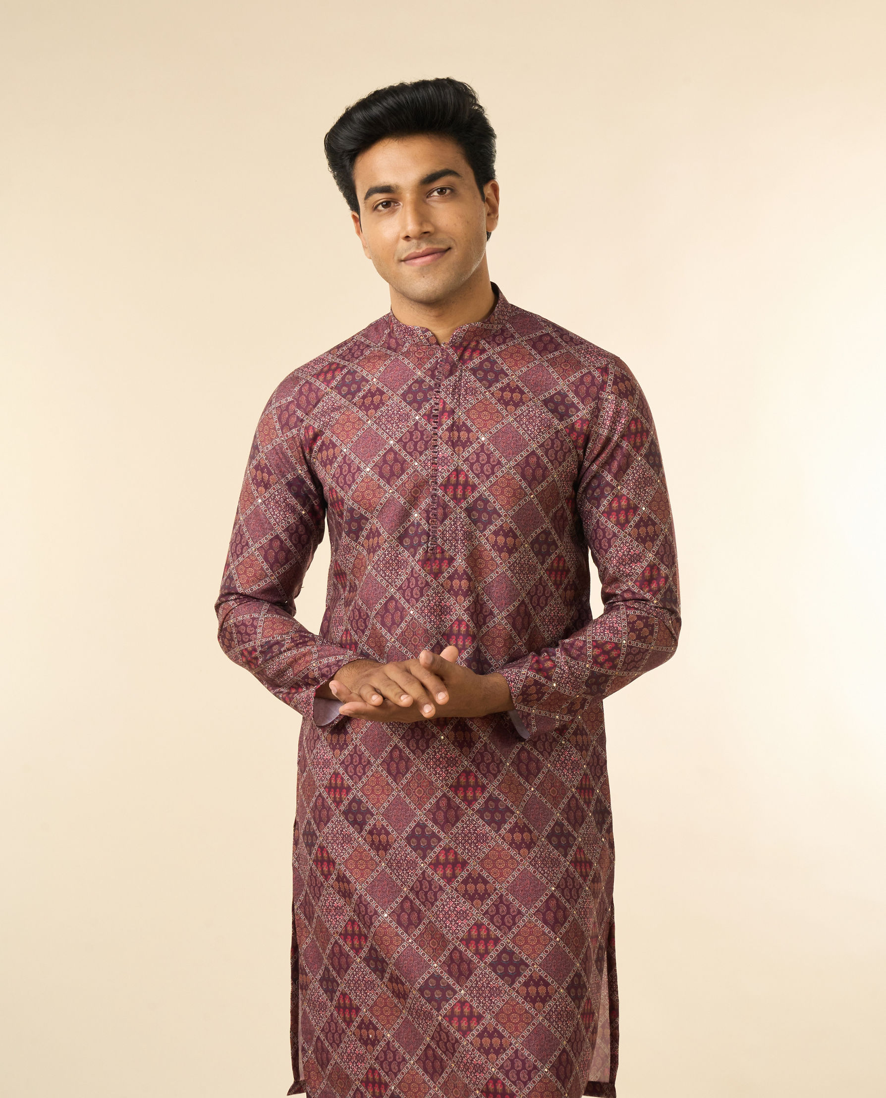 Diwas Men Wine Blended Cotton Printed Fancy Kurta