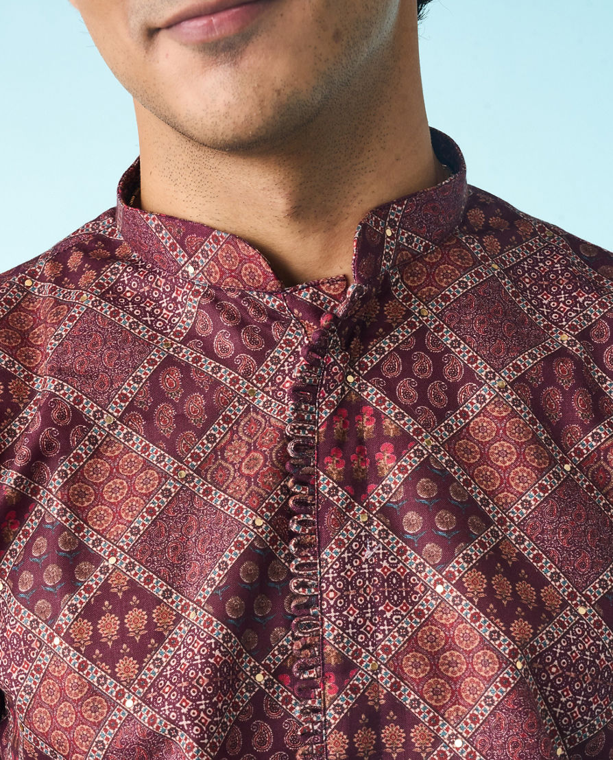 Diwas Men Regal Wine Cotton Kurta Pajama