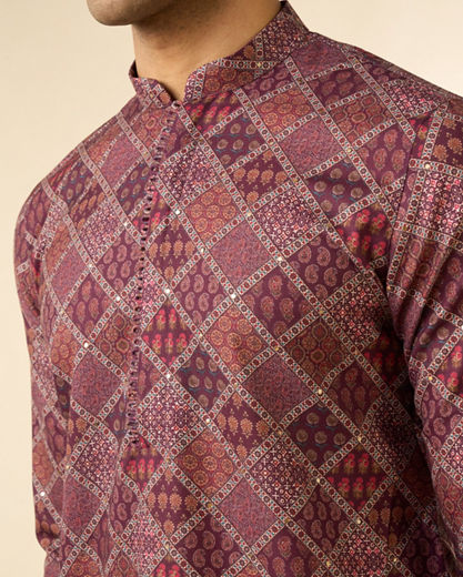 Diwas Men Wine Blended Cotton Printed Fancy Kurta