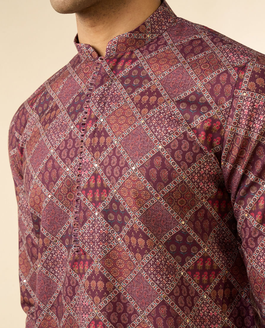 Diwas Men Wine Blended Cotton Printed Fancy Kurta