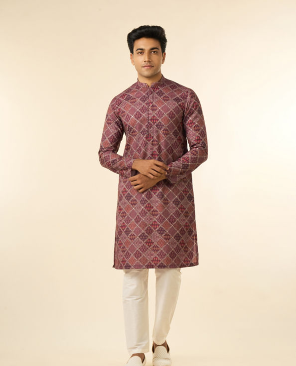 Diwas Men Wine Blended Cotton Printed Fancy Kurta