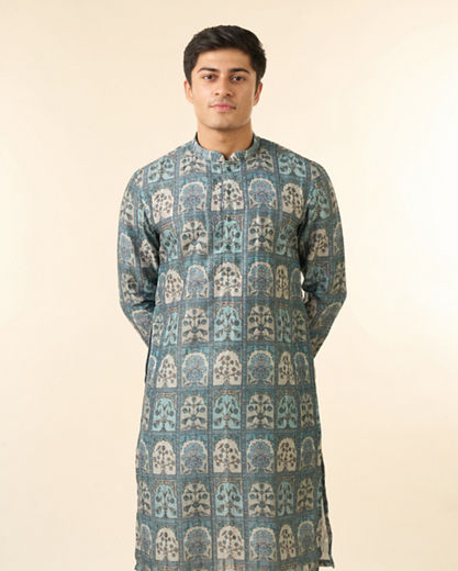 Diwas Men Teal Green Art Silk Printed Fancy Kurta