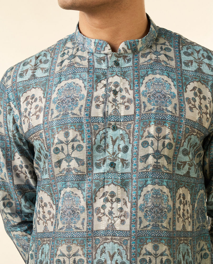 Diwas Men Teal Green Art Silk Printed Fancy Kurta