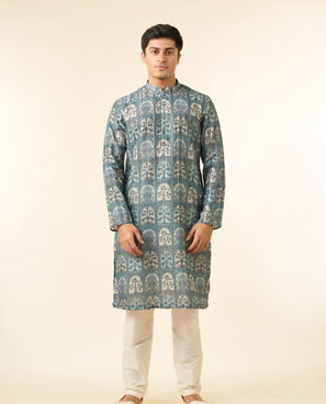 Diwas Men Teal Green Art Silk Printed Fancy Kurta