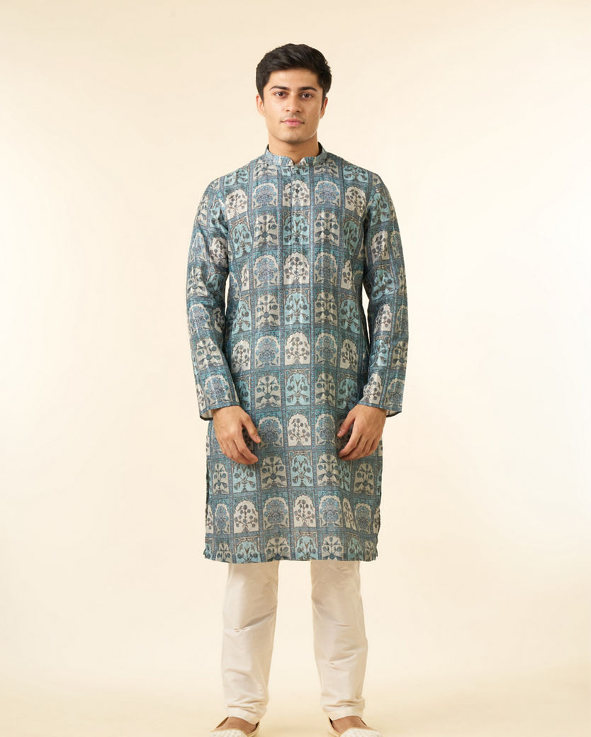 Diwas Men Teal Green Art Silk Printed Fancy Kurta