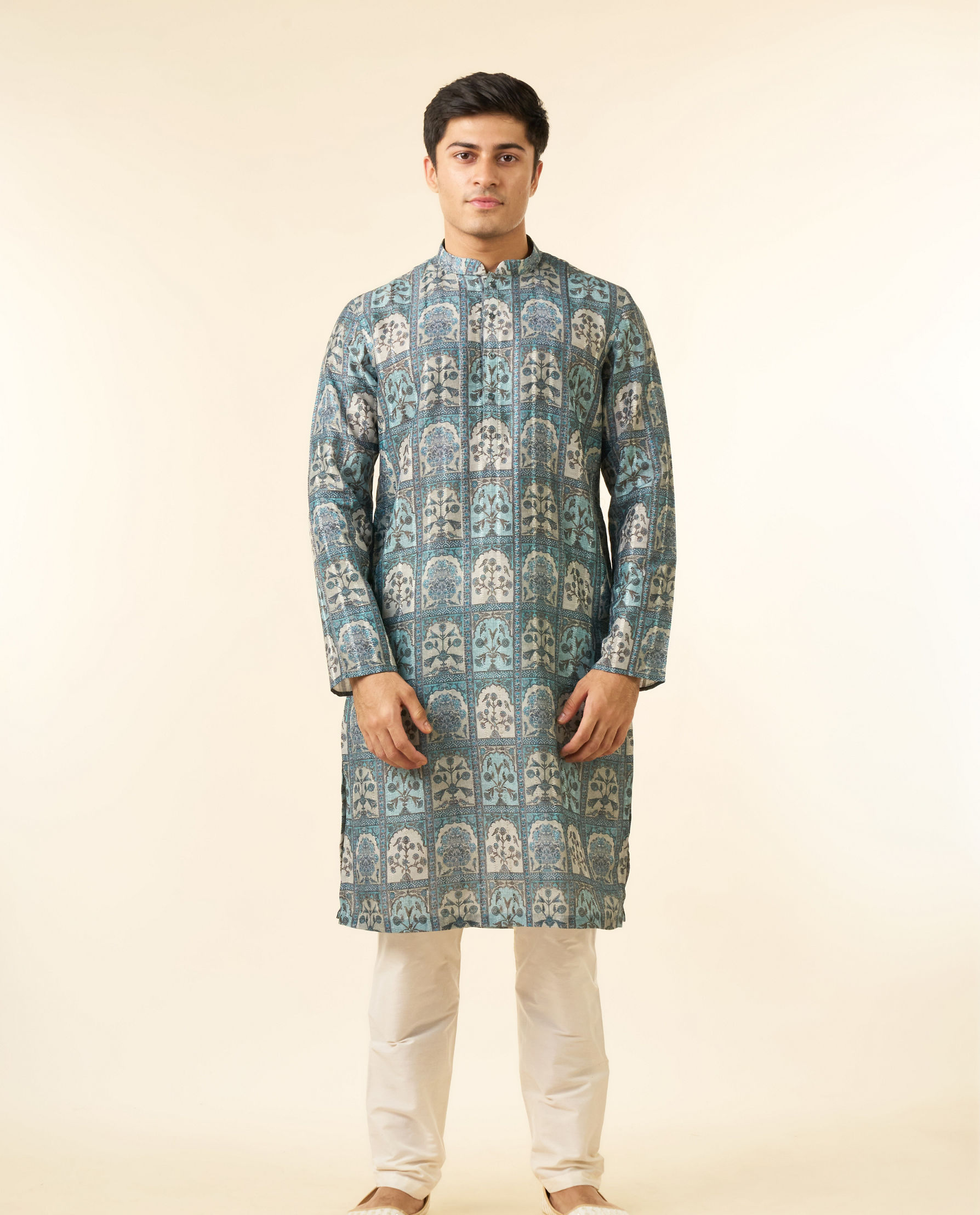 Diwas Men Teal Green Art Silk Printed Fancy Kurta