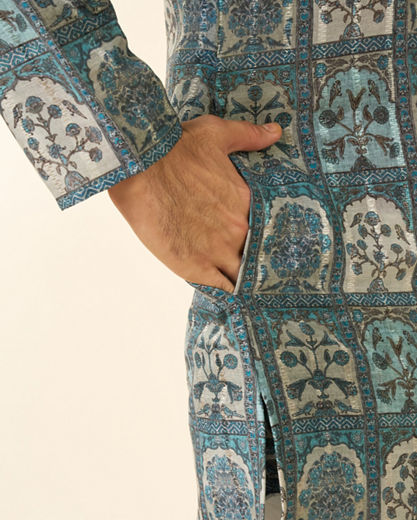 Diwas Men Teal Green Art Silk Printed Fancy Kurta