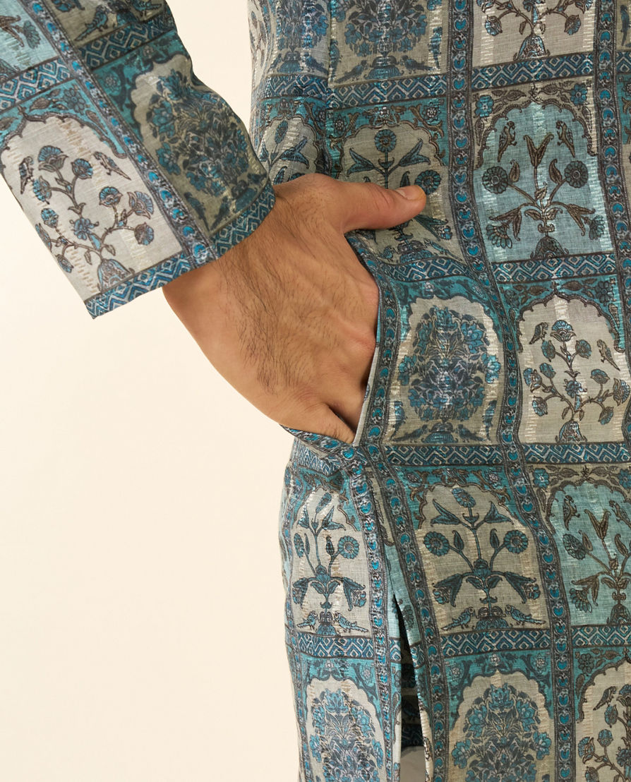 Diwas Men Teal Green Art Silk Printed Fancy Kurta