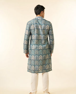 Diwas Men Teal Green Art Silk Printed Fancy Kurta