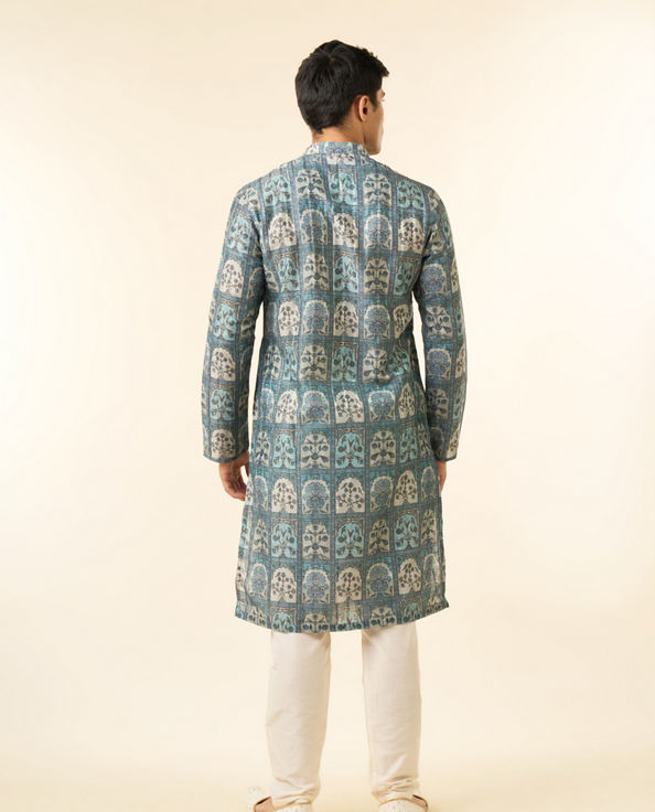 Diwas Men Teal Green Art Silk Printed Fancy Kurta