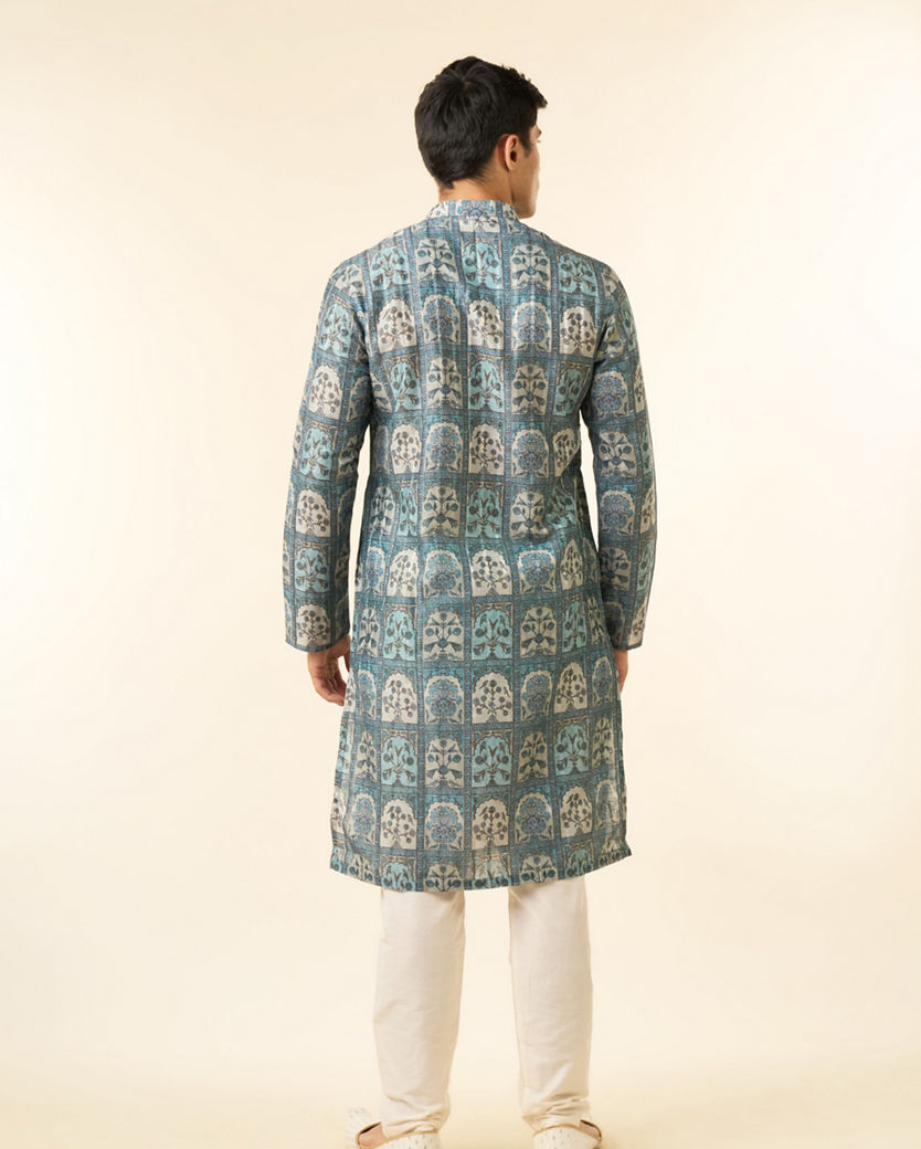 Diwas Men Teal Green Art Silk Printed Fancy Kurta