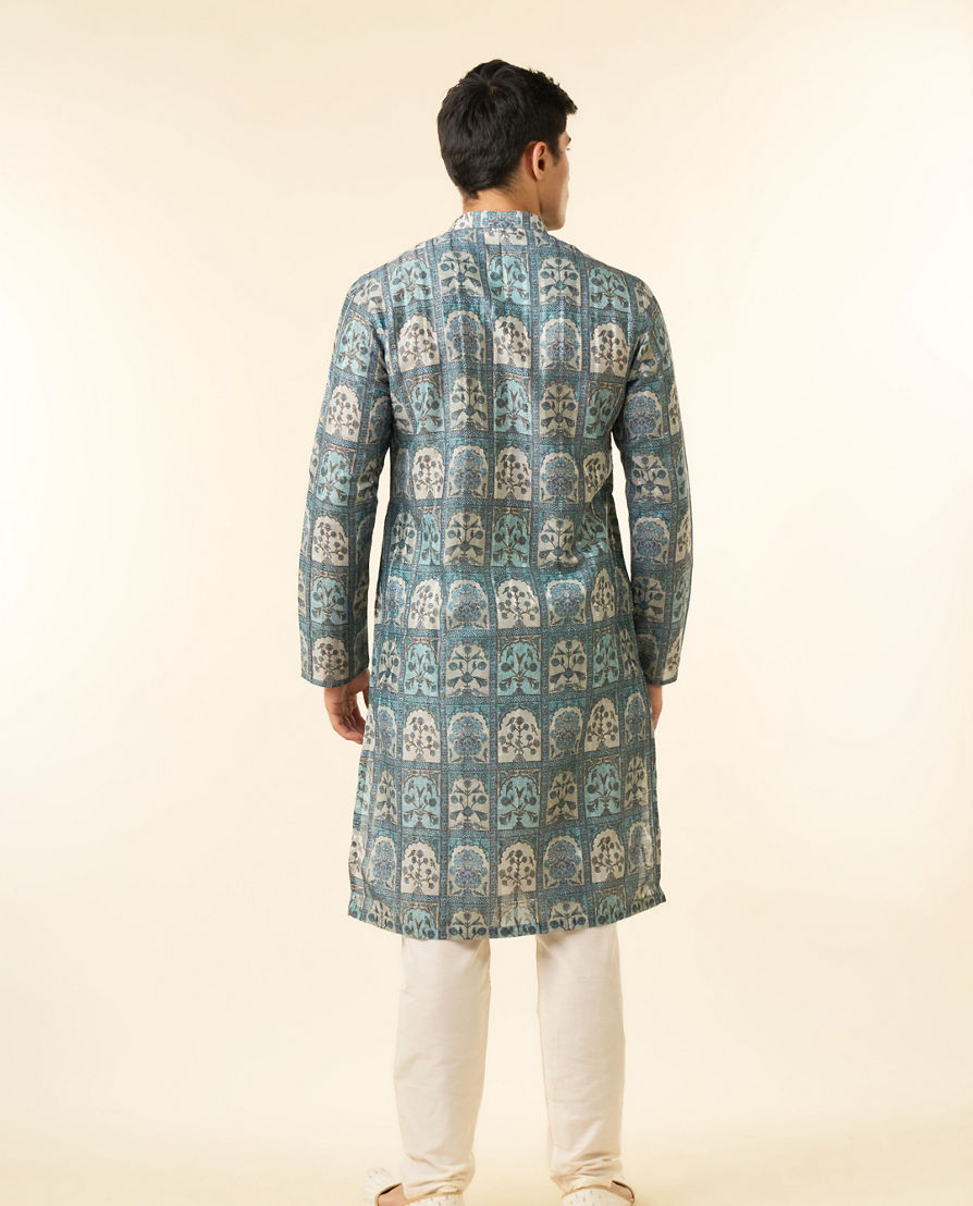 Diwas Men Teal Green Art Silk Printed Fancy Kurta