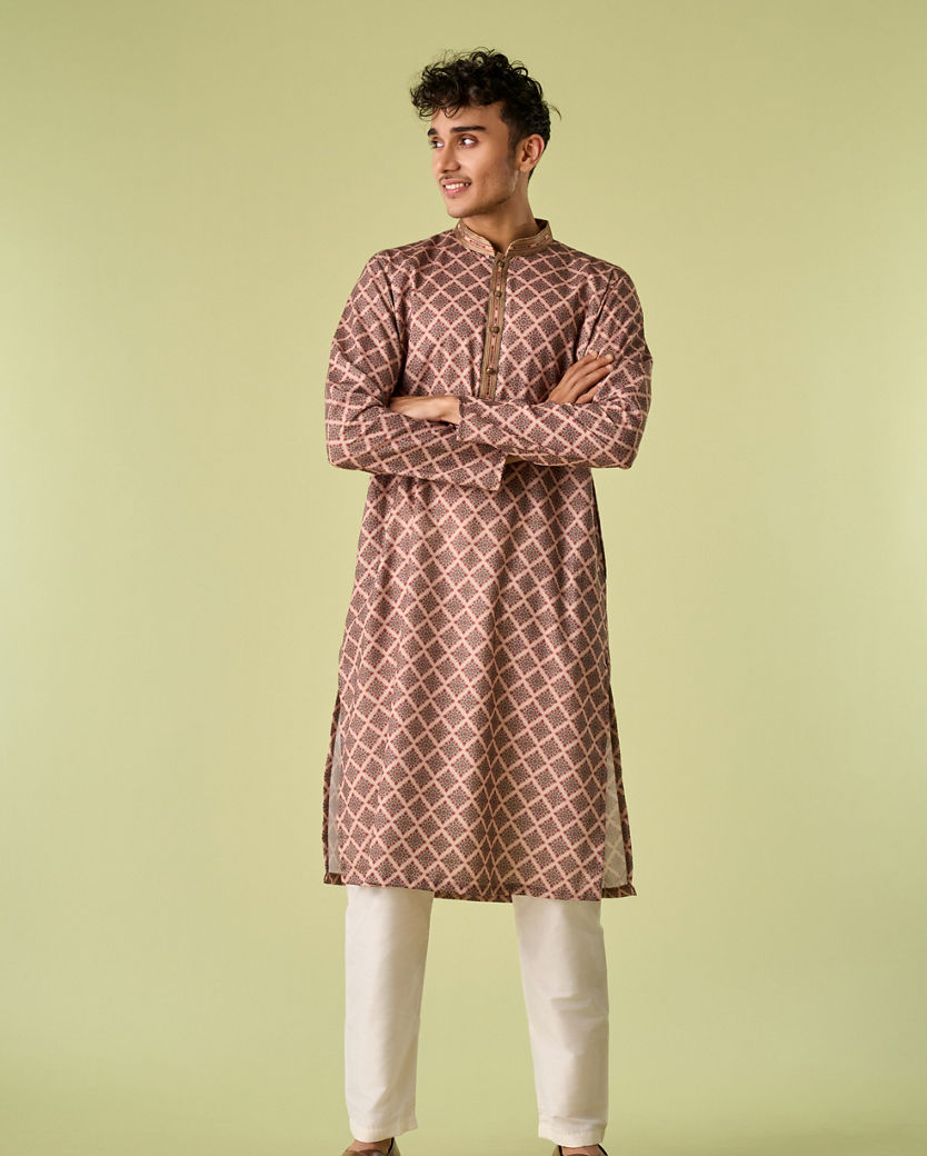 Diwas Men Beige Abstract Modern Kurta