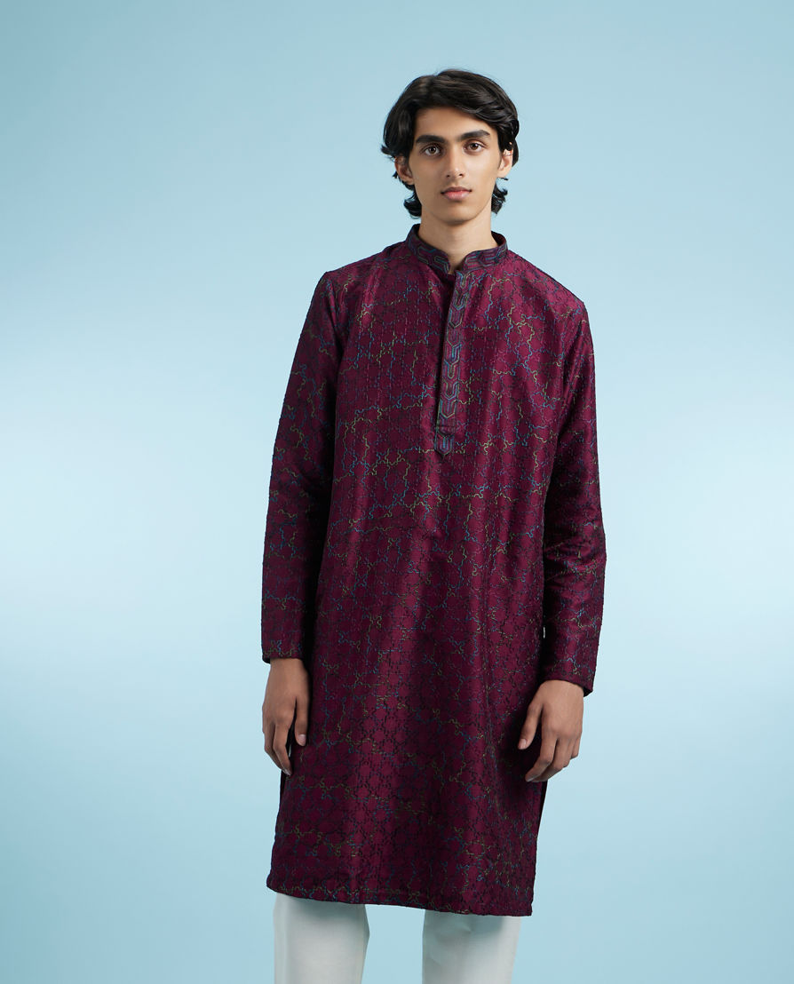 Diwas Men Wine Art Silk Kurta