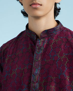 Diwas Men Wine Art Silk Kurta