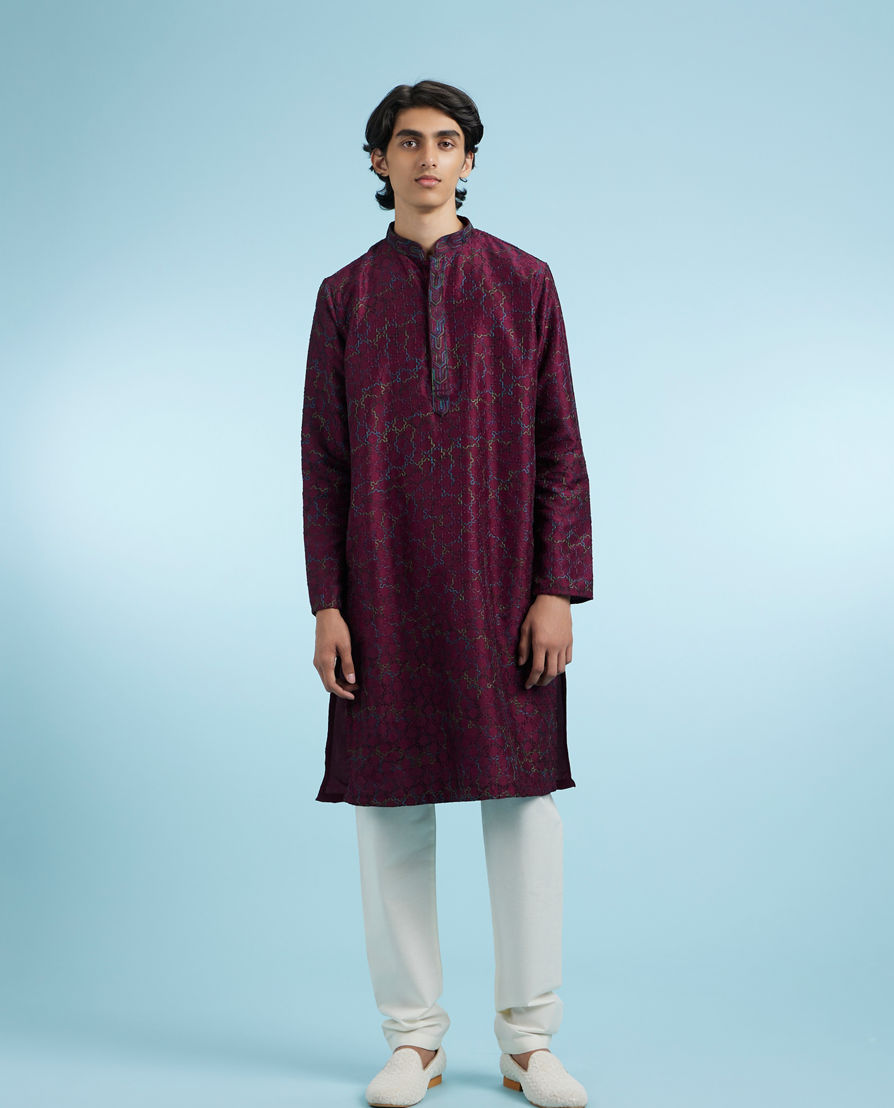 Diwas Men Wine Art Silk Kurta