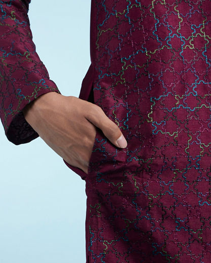 Diwas Men Wine Art Silk Kurta