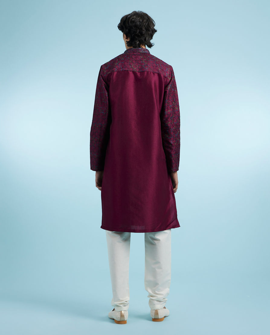 Diwas Men Wine Art Silk Kurta