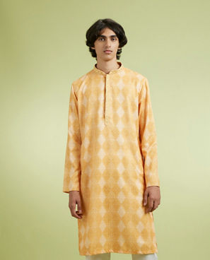 Diwas Men Vibrant Yellow Printed Blended Cotton Kurta