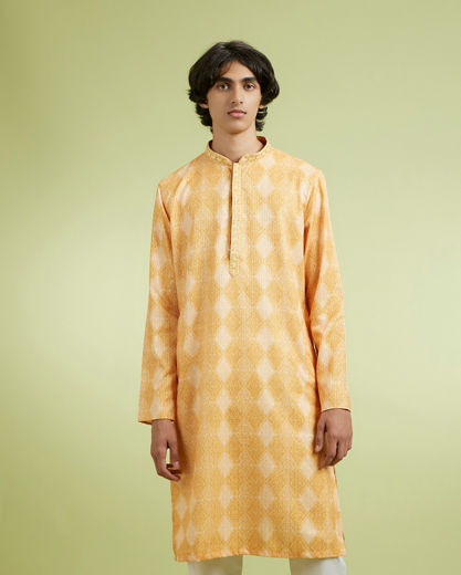 Diwas Men Vibrant Yellow Printed Blended Cotton Kurta