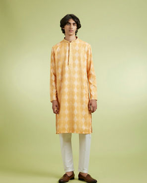 Diwas Men Vibrant Yellow Printed Blended Cotton Kurta