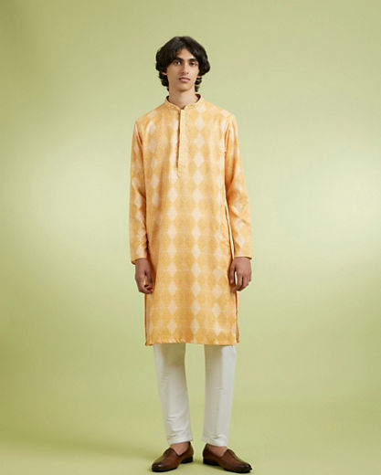Diwas Men Vibrant Yellow Printed Blended Cotton Kurta