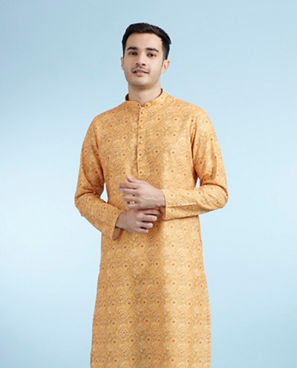 Diwas Men Mustard Printed Straight Kurta