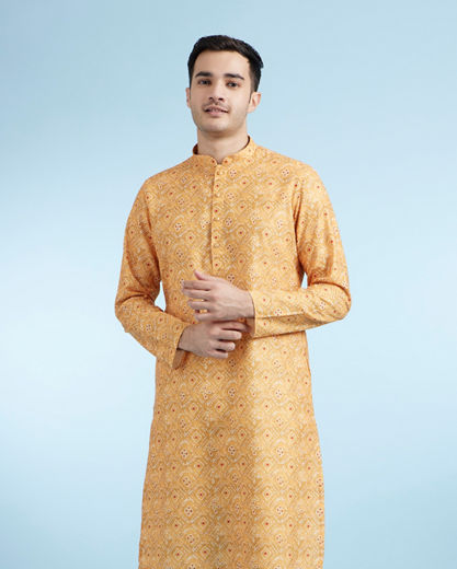Diwas Men Mustard Printed Straight Kurta