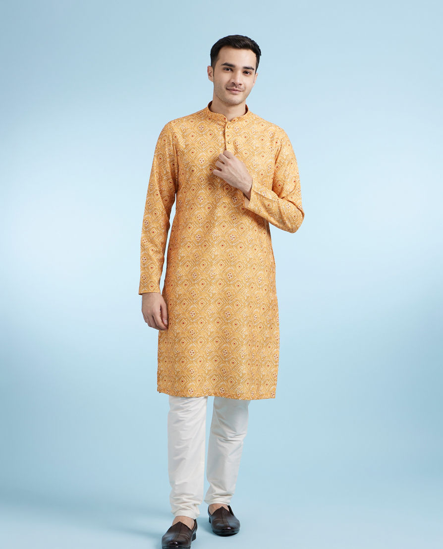 Diwas Men Mustard Printed Straight Kurta