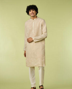 Diwas Men Beige Art Silk Kurta with Thread Embroidery