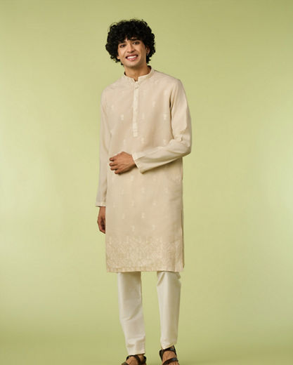 Diwas Men Beige Art Silk Kurta with Thread Embroidery