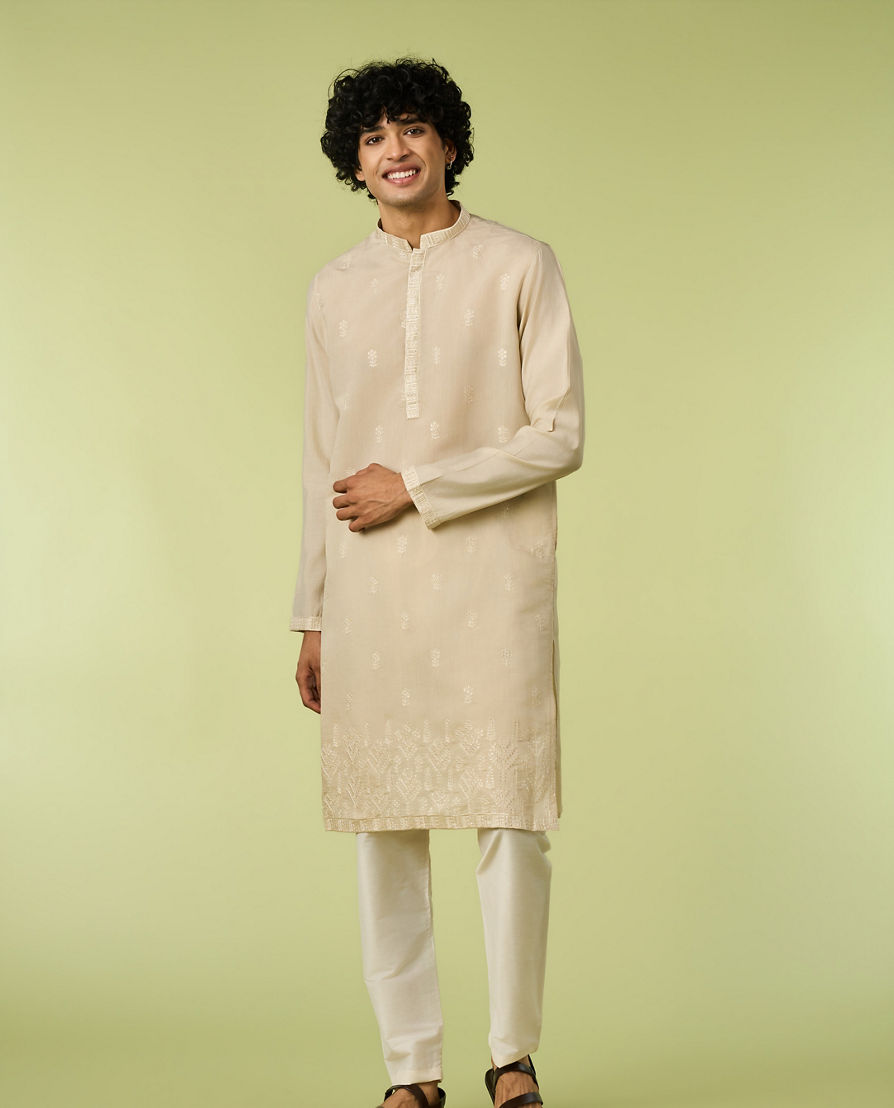 Diwas Men Beige Art Silk Kurta with Thread Embroidery