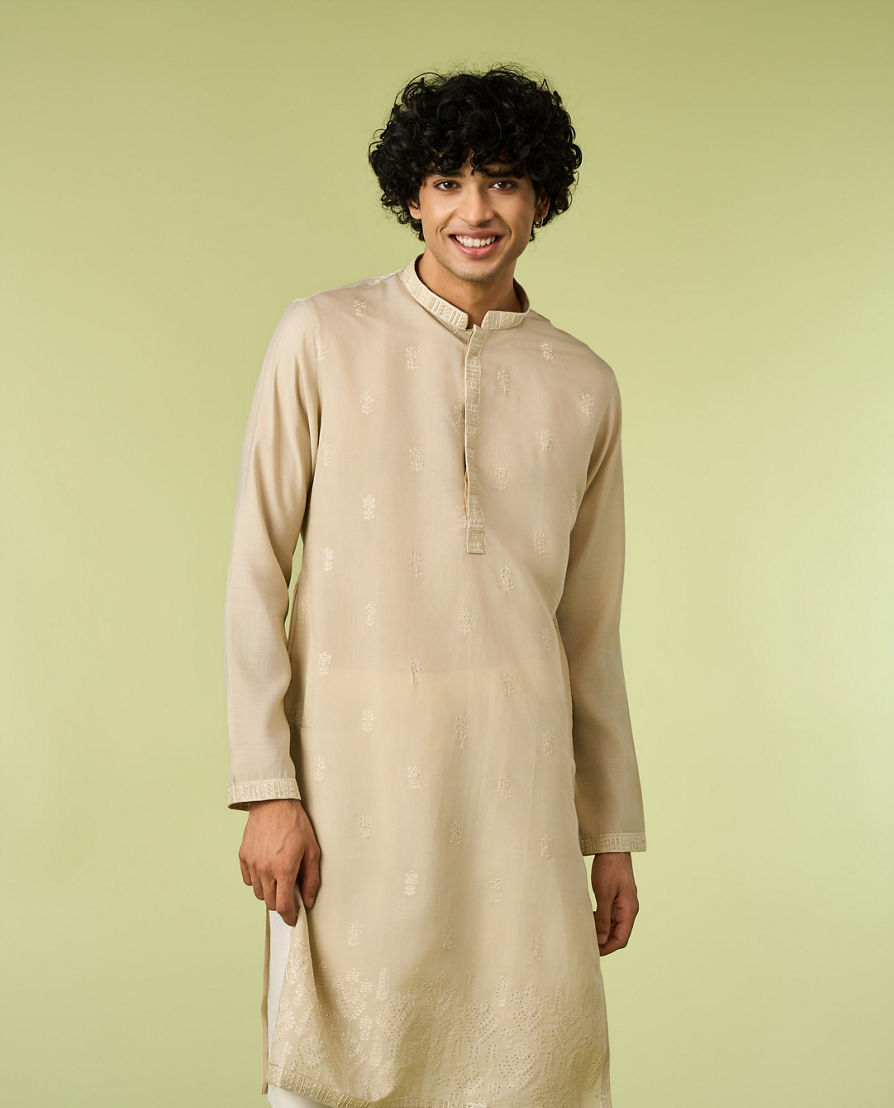 Diwas Men Beige Art Silk Kurta with Thread Embroidery
