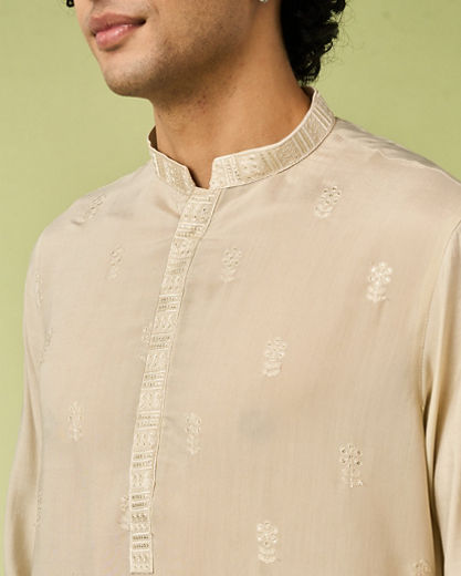 Diwas Men Beige Art Silk Kurta with Thread Embroidery