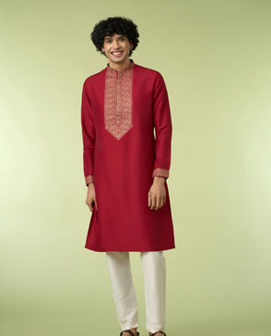 Diwas Men Maroon Art Silk Kurta with Thread Embroidery