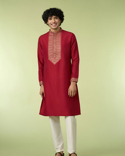 Diwas Men Maroon Art Silk Kurta with Thread Embroidery