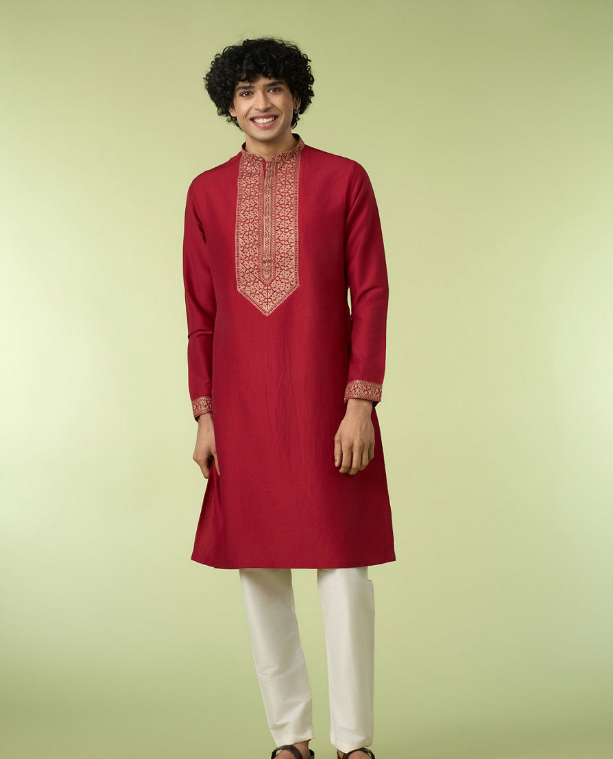 Diwas Men Maroon Art Silk Kurta with Thread Embroidery