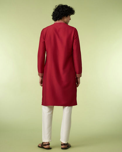 Diwas Men Maroon Art Silk Kurta with Thread Embroidery
