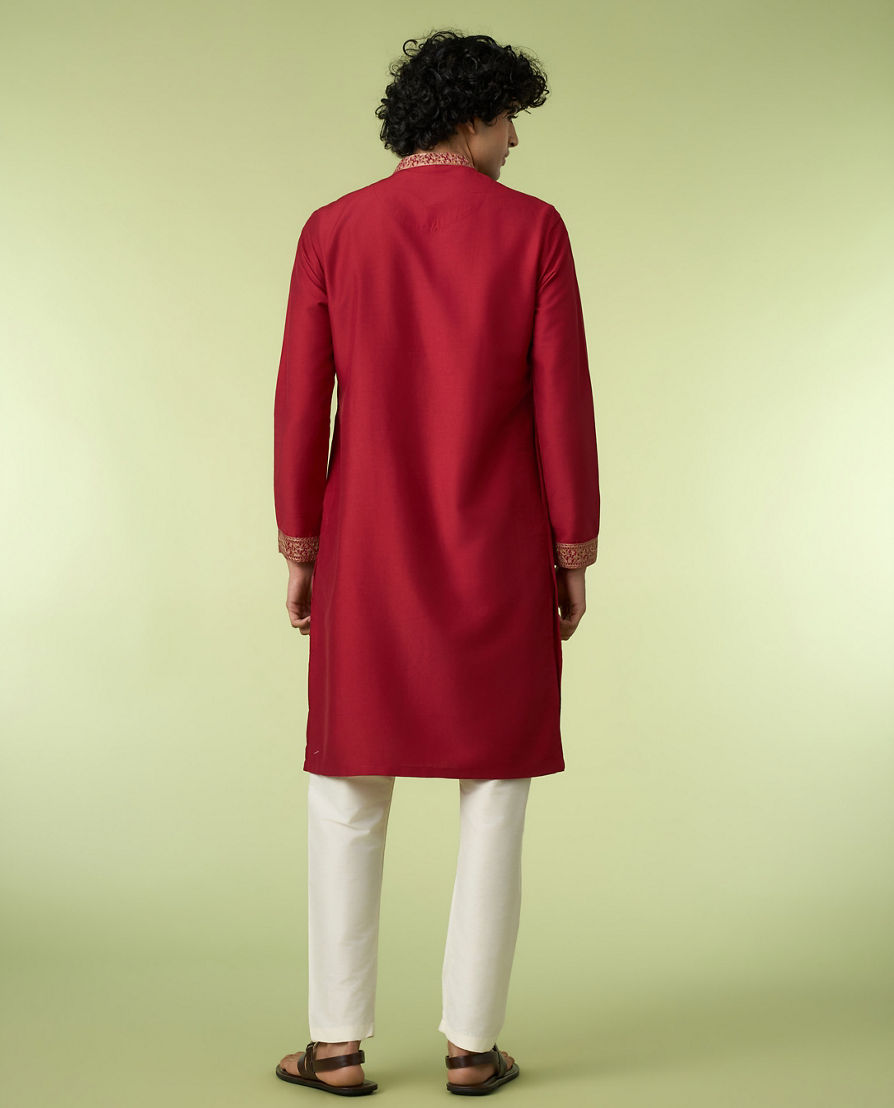 Diwas Men Maroon Art Silk Kurta with Thread Embroidery
