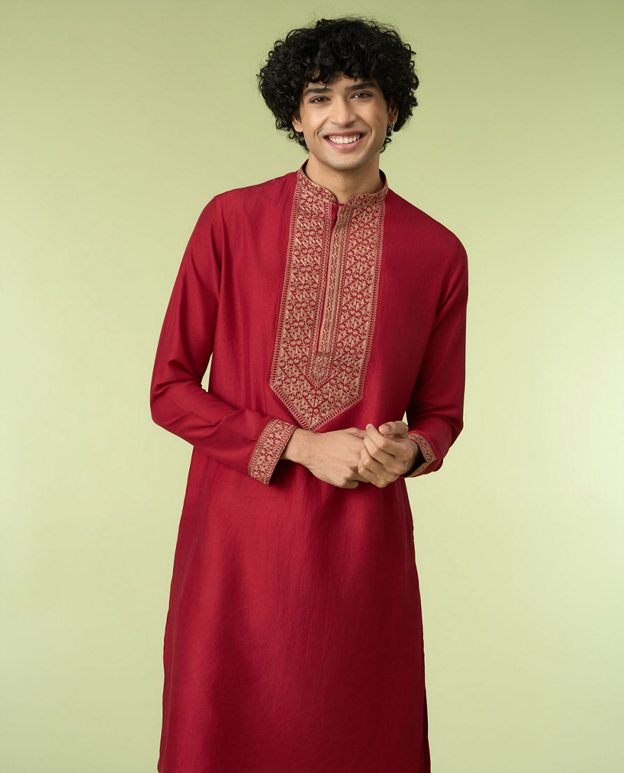 Diwas Men Maroon Art Silk Kurta with Thread Embroidery