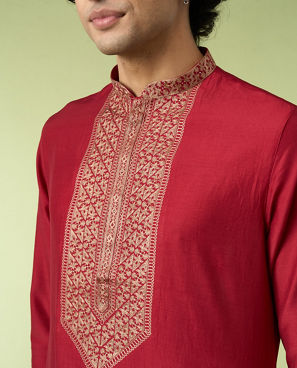 Diwas Men Maroon Art Silk Kurta with Thread Embroidery