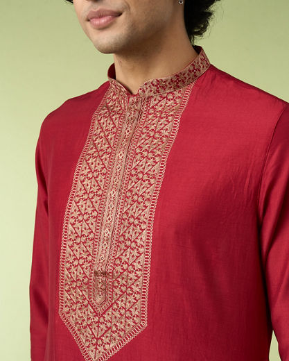 Diwas Men Maroon Art Silk Kurta with Thread Embroidery