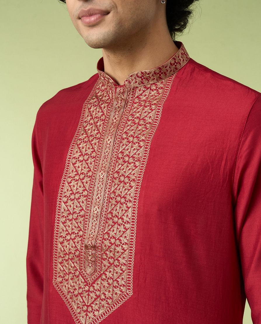 Diwas Men Maroon Art Silk Kurta with Thread Embroidery