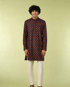 Diwas Men Wine Viscose Kurta with Chikankari and Sequins