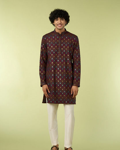Diwas Men Wine Viscose Kurta with Chikankari and Sequins