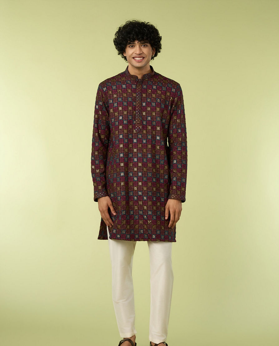 Diwas Men Wine Viscose Kurta with Chikankari and Sequins