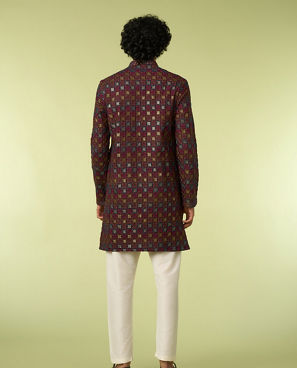Diwas Men Wine Viscose Kurta with Chikankari and Sequins